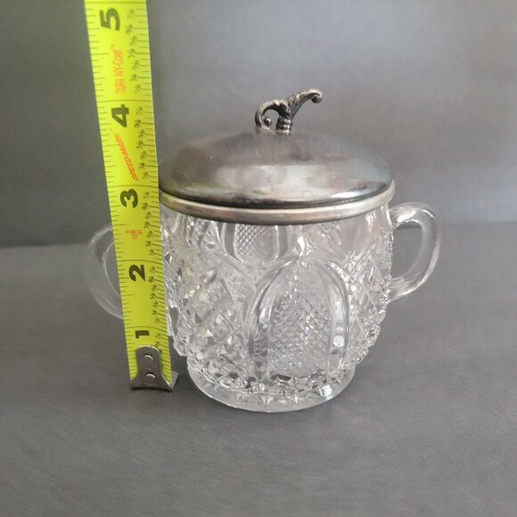 Vintage Clear Pressed Glass Sugar Bowl With Metal Lid & Dual Handles - Picture 5 of 9